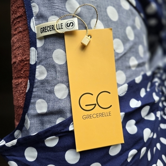 NWT Grecerelle V-Neck Faux Wrap Blue White Polka Dot Dress Ruffle Sleeve Sz. S - Picture 13 of 14